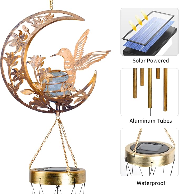 Moon Hummingbird Wind Chime Outdoor, Handcrafted Metal Garden Wind Chimes - Image 6