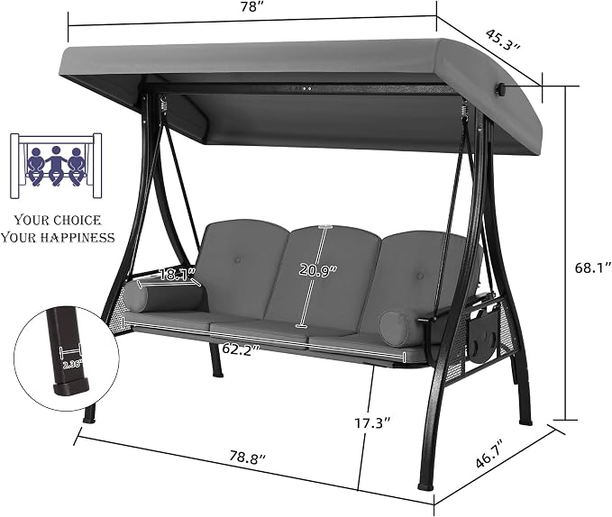 HOMREST 3 Seat Outdoor Porch Swing - Image 7