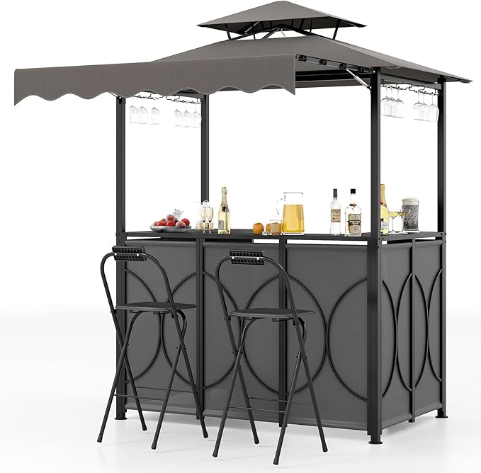Tangkula 3 Piece Patio Bar Set, Grill Gazebo & 2 Foldable Bar Stools by TANGKULA