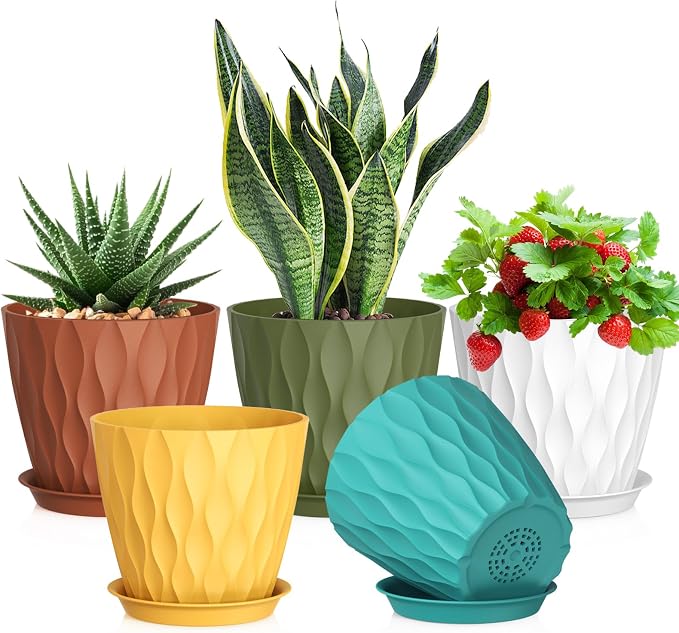 7 inch Plant Pots for Indoor Outdoor Plants, 5 Pack Thick Nursery Pots by Meowell