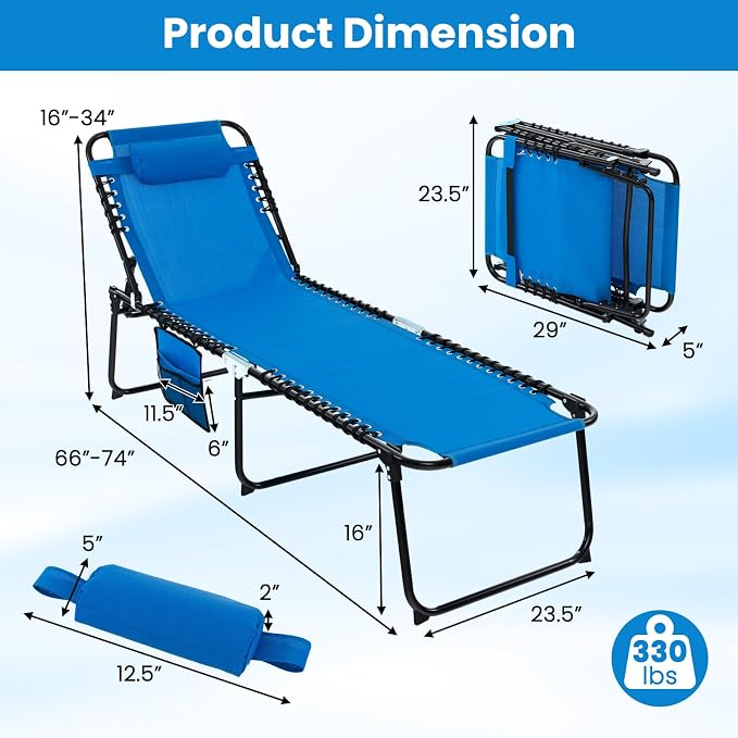GYMAX Lounge Chairs for Outside, Extra High Folding Beach Tanning Lounger - Image 3