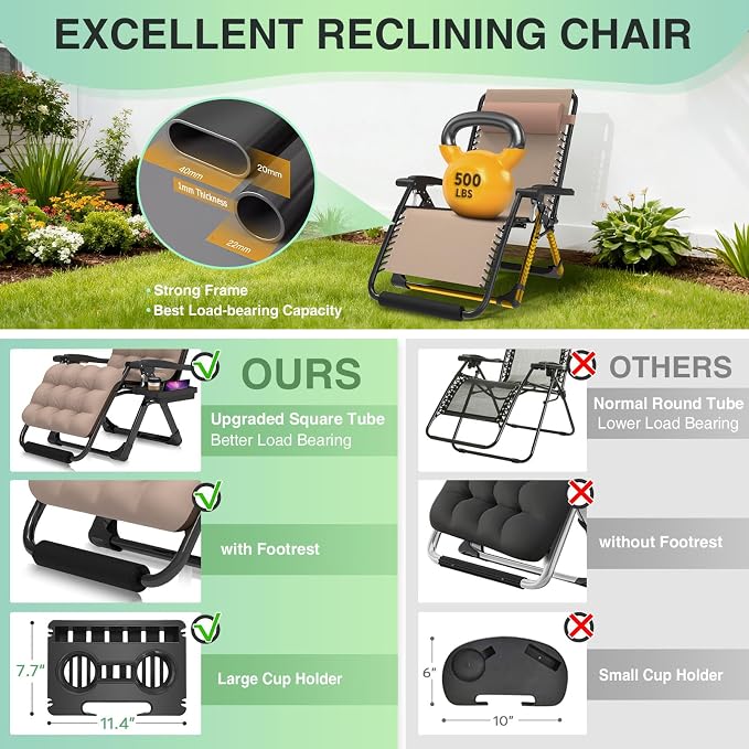 Suteck Oversized Zero Gravity Chair, 29In XL Lounge Chair w/Removable - Image 4