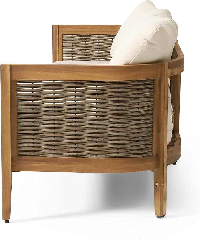 Merax 76.5" Outdoor Acacia Wood Wicker 3 Seater Sofa, Patio Furniture Couch - Image 7