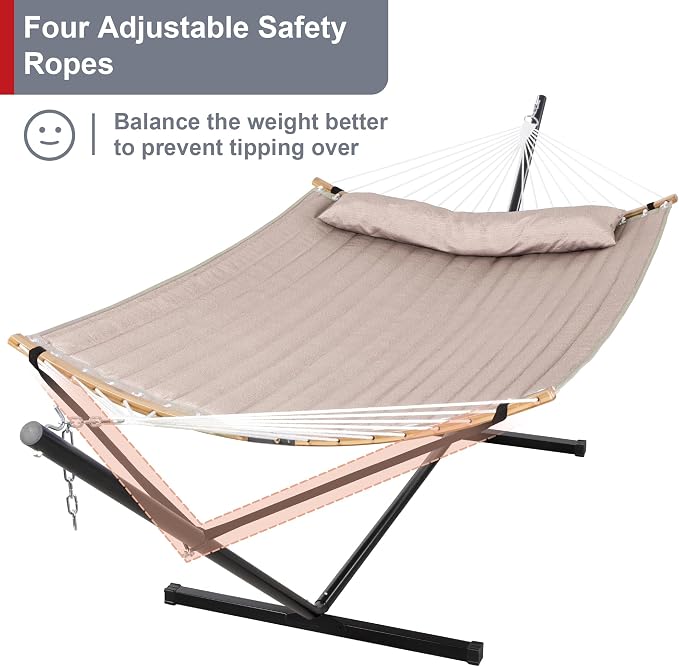 Double Hammock with 12 FT Stand, 2 Person Curved Bar Hammock with Stand - Image 3