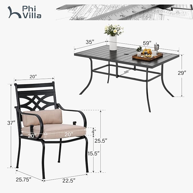 PHI VILLA 7 Pcs Patio Dining Set, Outdoor Table Chair Set - Image 8