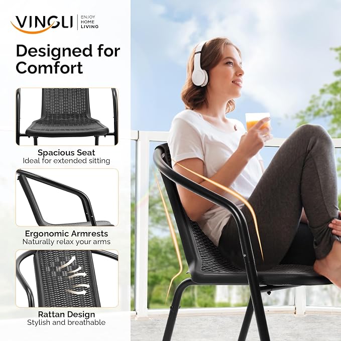 VINGLI PE Rattan Outdoor Dining Chairs Set of 2, Plastic Stackable Patio Chairs - Image 5