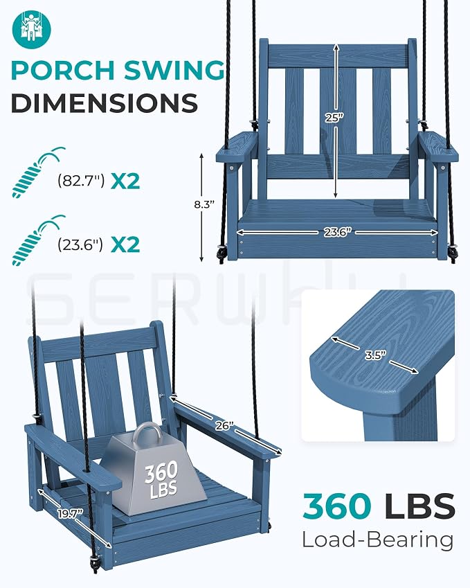 SERWALL HDPE Single Porch Swing, Heavy Duty Single Person Swing Chair - Image 3