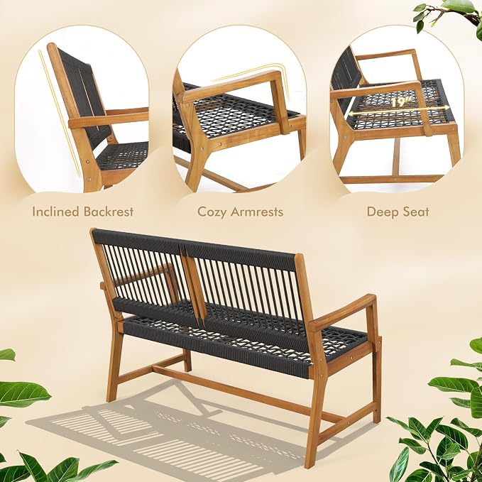 Tangkula Outdoor Acacia Wood Bench, All-Weather Rope Woven Garden Bench - Image 5