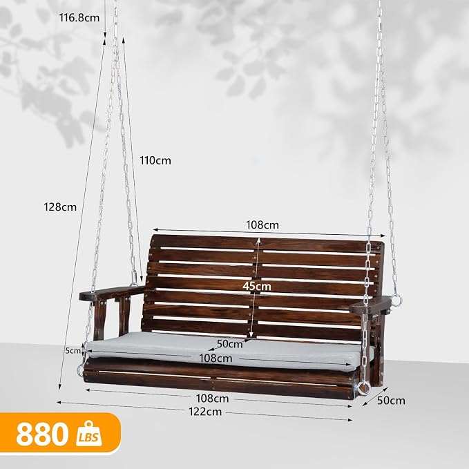 VINGLI Wooden Porch Swing, Heavy Duty 880 LBS Hanging Patio Bench - Image 5