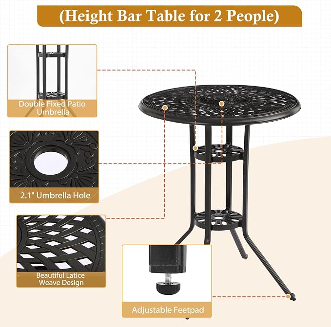 3-Piece Cast Aluminum Patio Bar Set, Outdoor Round High Top Table & 2 Swivel - Image 4