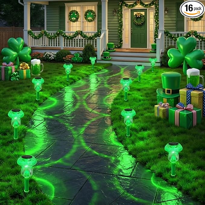 Solar Lights Outdoor, St Patricks Day 16 Pack Mushroom Landscape Lights by SolarOutdoorLights