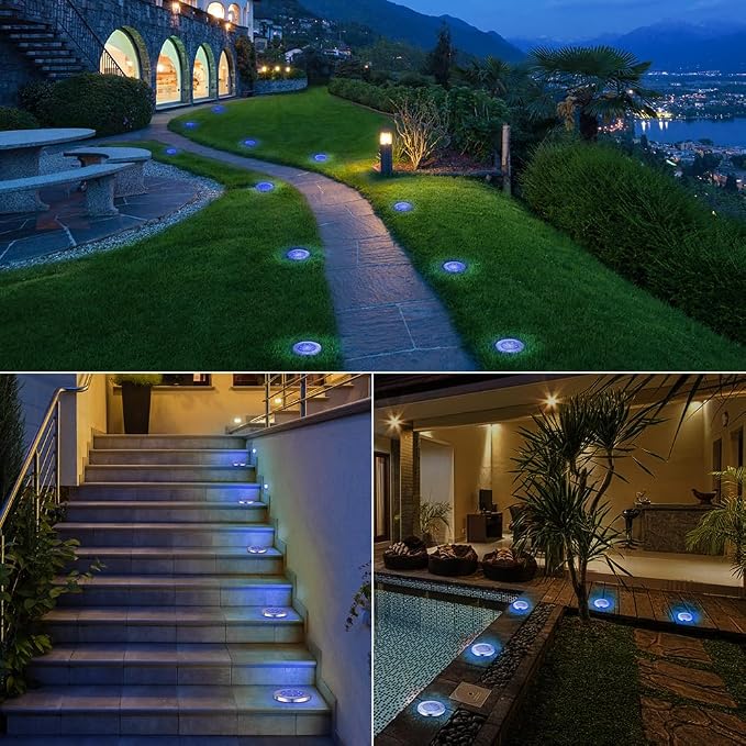 LYHOPE Solar Ground Lights Outdoor, 8 Pack 8 LED Solar Disk Lights Waterproof - Image 2