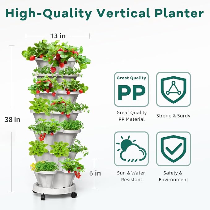 Strawberry Vertical Planters Tower Garden 3 Pack, 7 Tiered Stacking Herb - Image 2