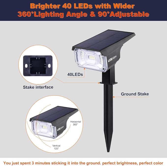40 LEDs Spotlights, IP65 Waterproof Solar Powered Landscape Spotlights 2-in-1 - Image 6
