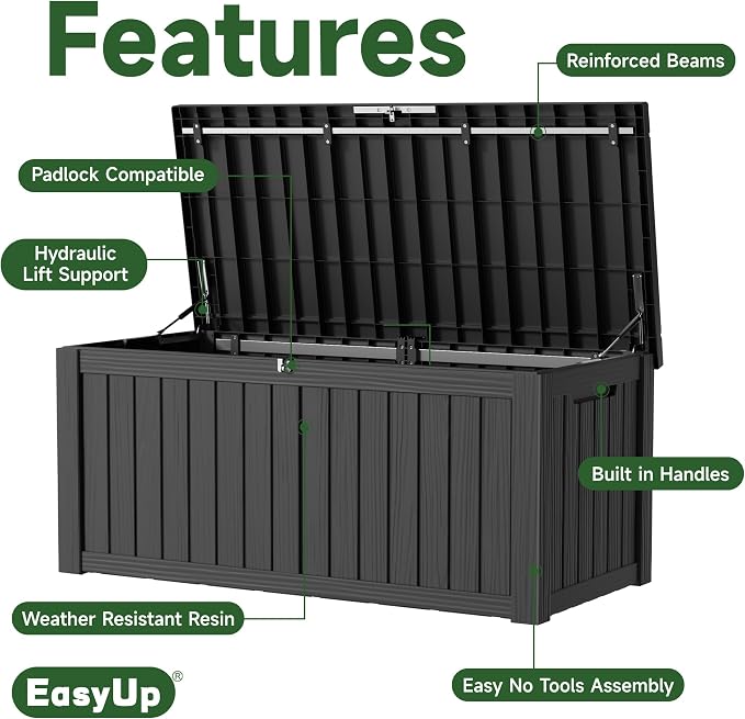 EasyUp 150 Gallon Outdoor Storage Box, Resin Waterproof UV-Resistant Deck Box - Image 3