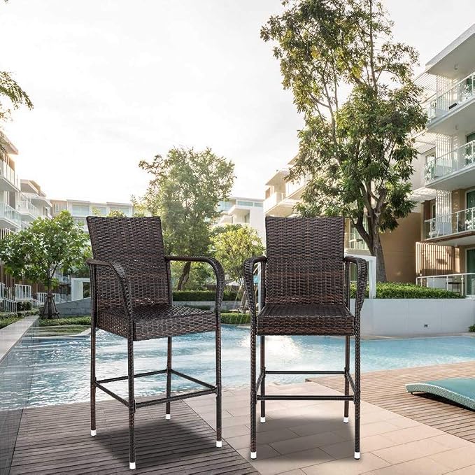 VINGLI Wicker Bar Stools Outdoor Set of 2, Outdoor Bar Height Chairs, Patio - Image 2