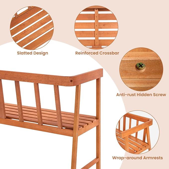 Tangkula Outdoor Eucalyptus Wood Bench, 2-Person Garden Bench - Image 6