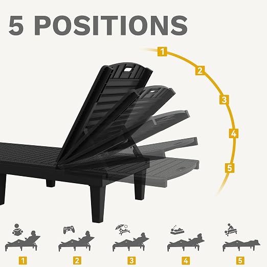 DWVO Outdoor Plastic Chaise Lounger, Poolside Lounge Chair w/5-Position - Image 4