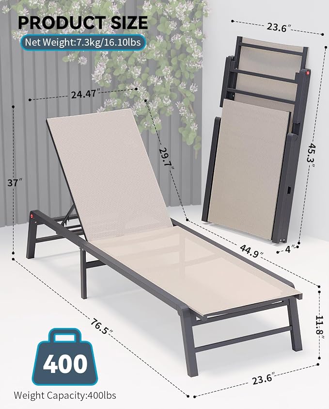 Aluminum Chaise Lounge Chair Outdoor, Foldable Patio Lounge Chair 2 Sets - Image 3