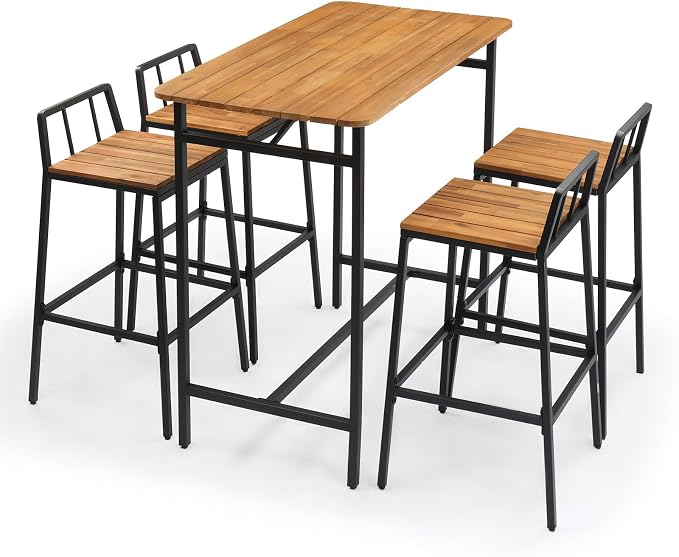 VINGLI 5 Pieces Outdoor Patio Bar Set, Acacia Wood Outdoor Dining Set Patio - Image 2