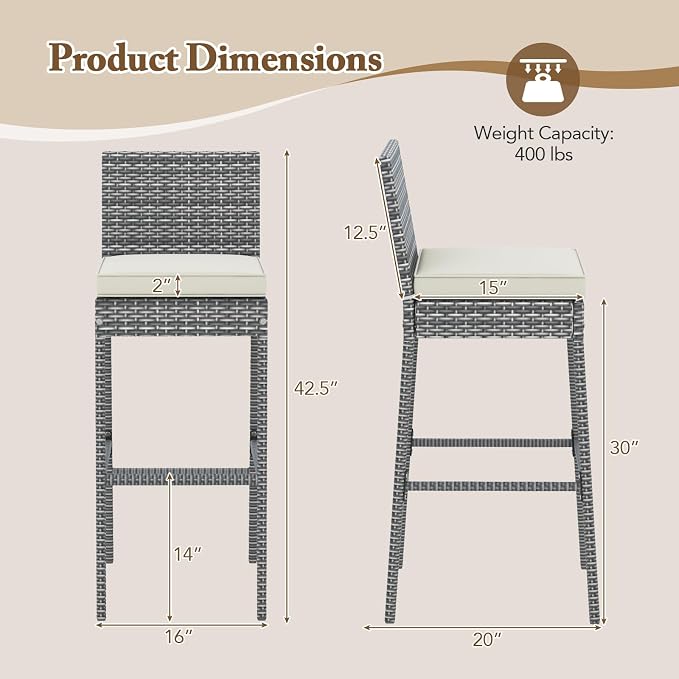 HAPPYGRILL Patio Wicker Barstools Set of 2, Outdoor Bar Height Chair w/Soft - Image 3