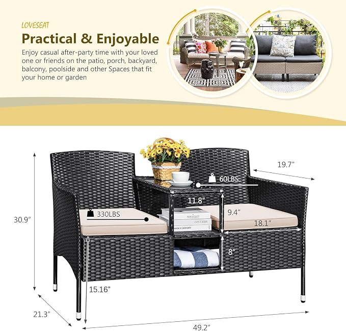 Devoko Outdoor Patio Loveseat Modern Rattan 2-Seat Patio Conversation Set - Image 7