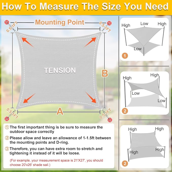 KANAGAWA Sun Shade Sail 20'x20' Grey Rectangle UV Block Canopy Awning Shelter - Image 2