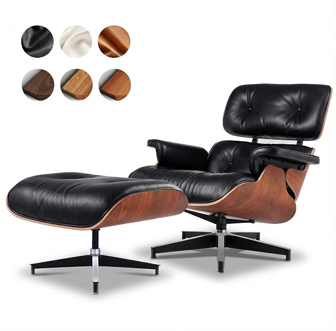 Top Black Grain Leather, Mid Century Chaise Lounge Chair and Ottoman, Leather by MakeHomeBetter