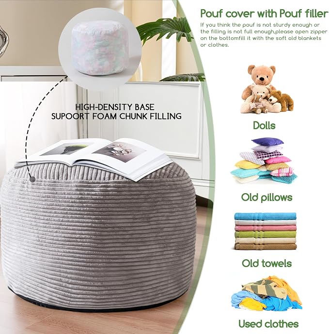 HIGOGOGO Round Stuffed Pouf Ottoman, Corduroy Poufs - Image 4