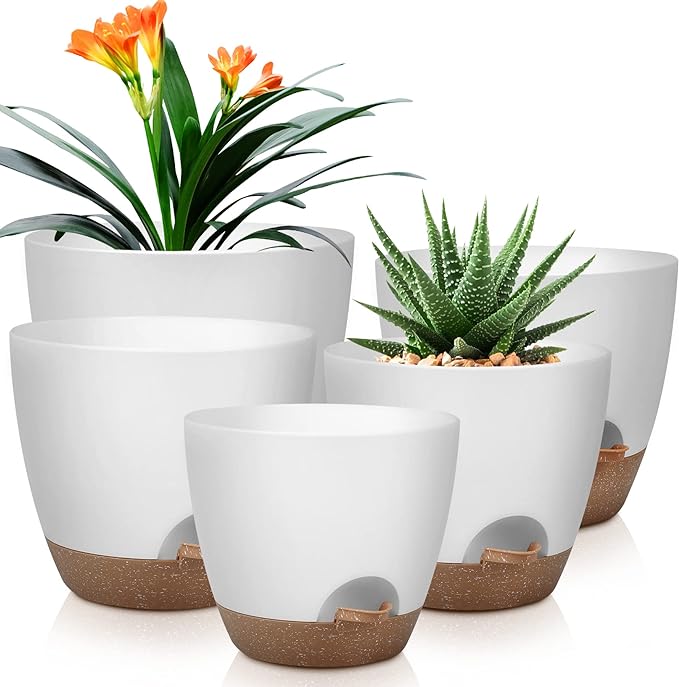 Plant Pots 10/9/8/7.5/7 Inch Self Watering Pots, Plastic Flower Pots, Nursery by QRRICA