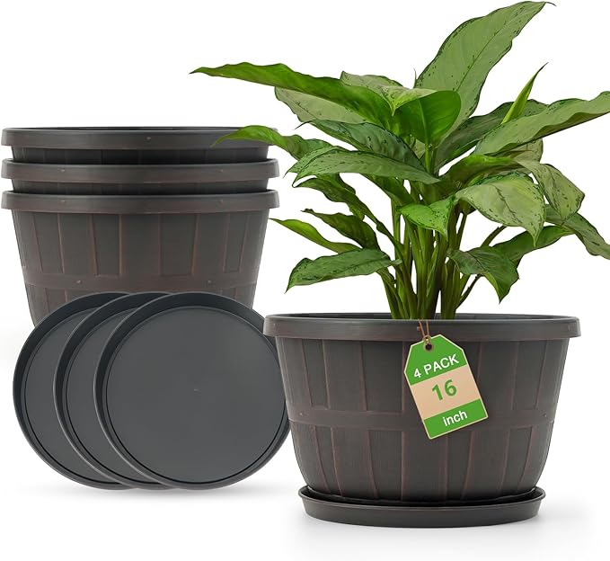 Quarut 16 Inch Brown Classic Plastic Whiskey Barrel Planters Set of 4 by Quarut
