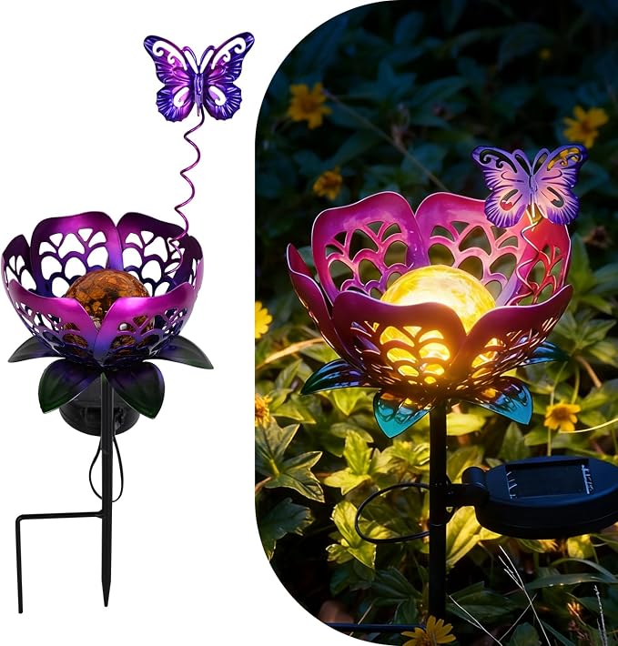 Solar Lights Outdoor Garden Decor, LED Lotus Flower Lamp, Metal Tulip & - Image 2