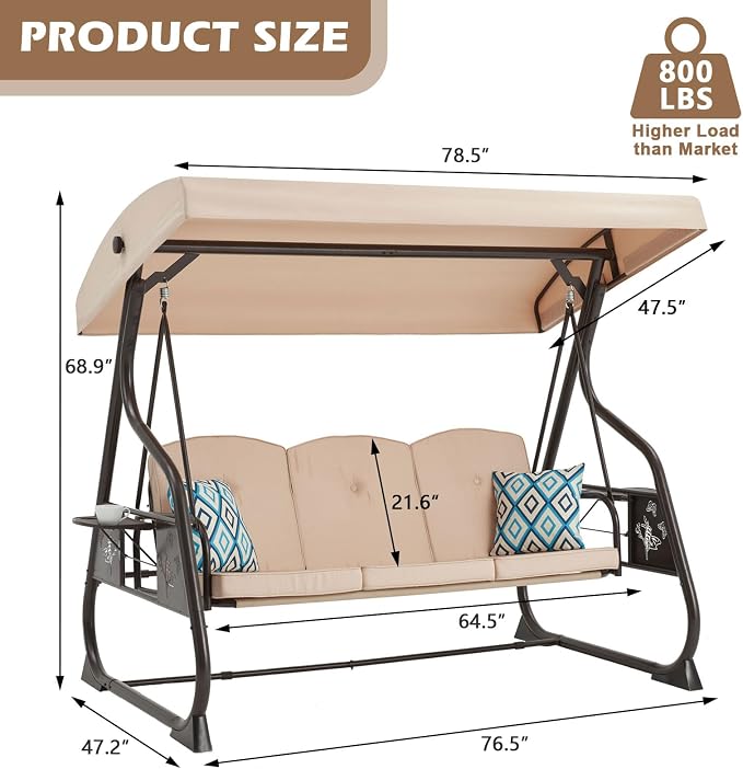 3-Seat Patio Porch Swing 800LBS Outdoor Swing - Image 7