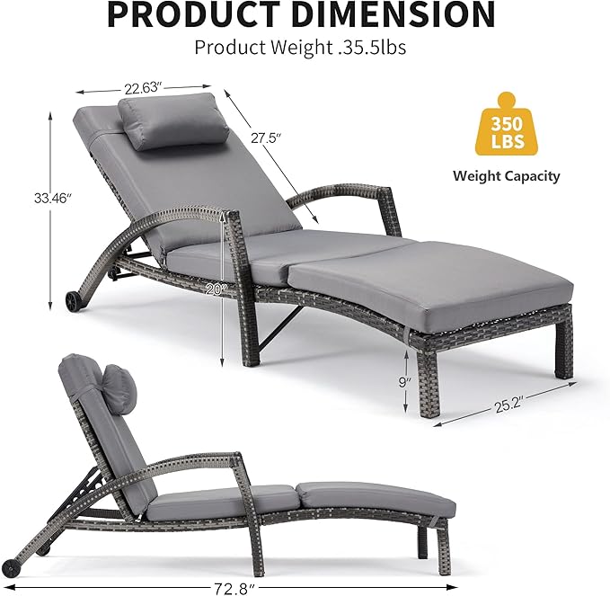 HOMREST Chaise Lounge Chairs Set of 2, PE Rattan Wicker Patio Lounge Chair - Image 3