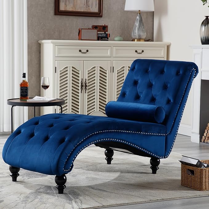 Chaise Lounge Indoor, Velvet Upholstered Lounge Chair Button-Tufted Armless by LinyuanwaiFurniture