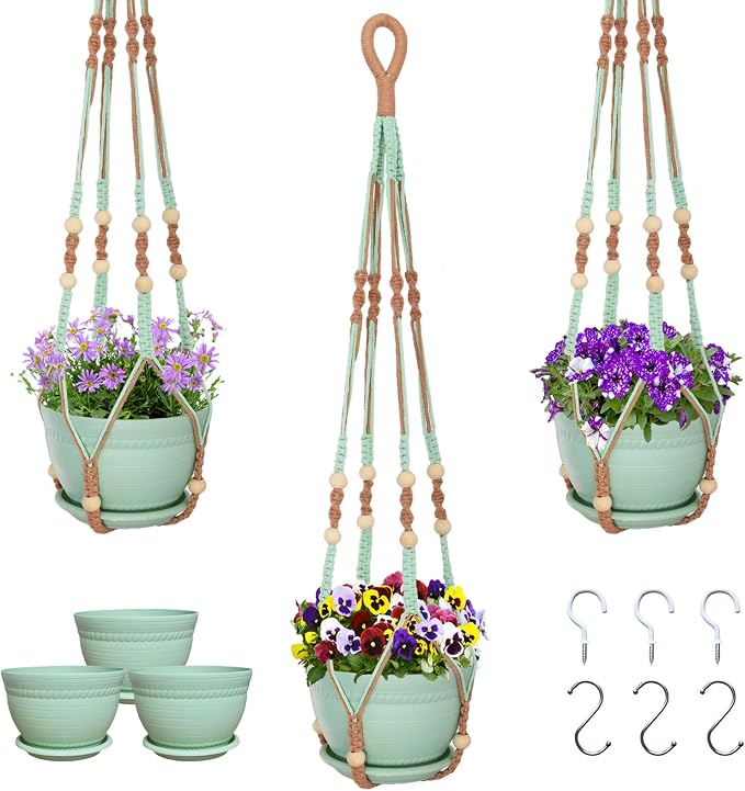 Macrame Plant Hanger with Pot, 3 Set Hanging Planters by Checrxy