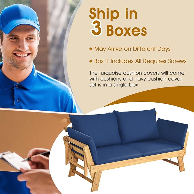 Tangkula Acacia Wood Patio Convertible Couch Sofa Bed - Image 8