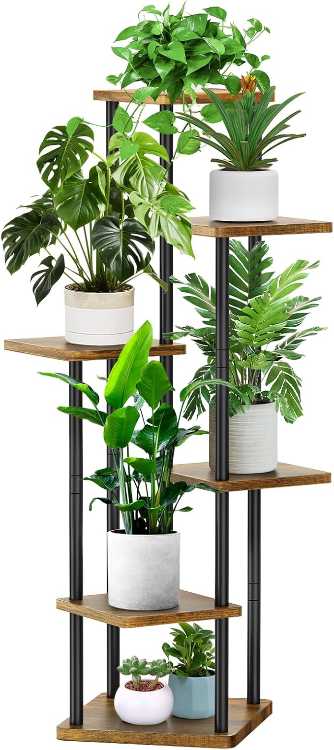 6 Tier Wood Tall Plant Stand Metal Rack Indoor, Planter Shelf Display Rack by YOCOMEY