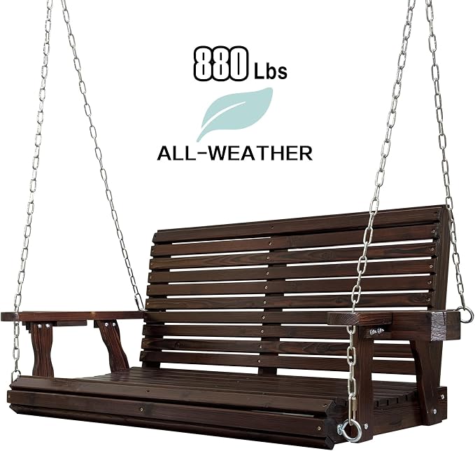 Wooden Porch Swing 2-Seater, High Backrest and Deep Seat, Bench Swing - Image 3