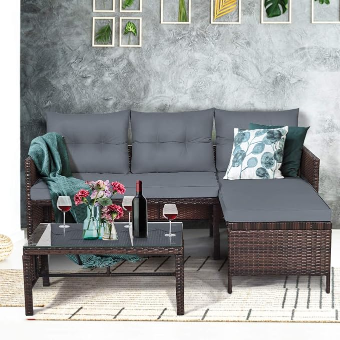 Tangkula Patio Corner Sofa Set 3 Piece, Outdoor Rattan Sofa Set, Includes - Image 3
