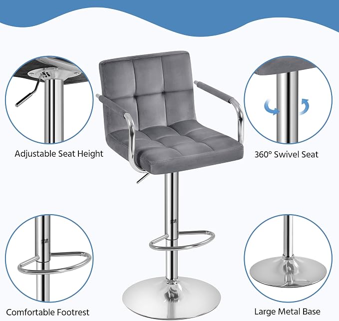 Yaheetech Velvet Bar Stools Set of 4, Adjustable Barstools - Image 8
