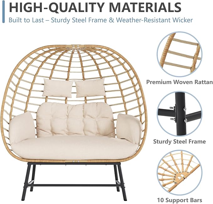 SWITTE Double Wicker Egg Chair Outdoor, Indoor 2-Person Papasan Loveseat - Image 7