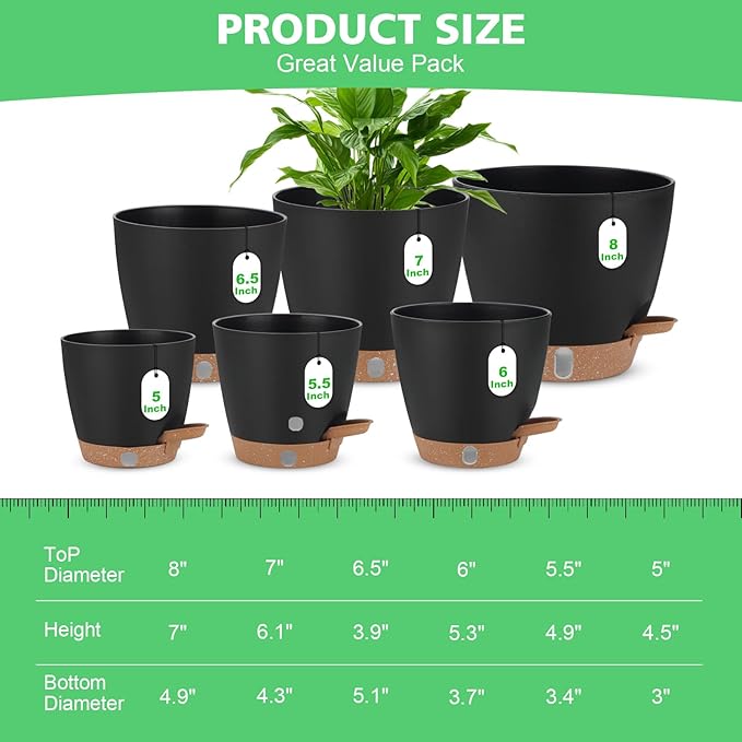 Self Watering Planter Set with Visual Water Level, Modern 8+7+6.5+6+5.5+5 Inch - Image 2