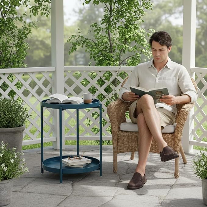 danpinera 2-Tier End Table, Outdoor Side Table Metal Round Side Table - Image 2