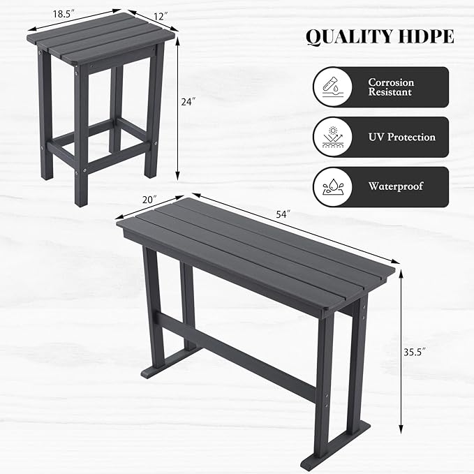 3 Pcs HDPE Outdoor Bar Set of 2 Includes Bar Height Table and Chairs, Patio Bar - Image 3