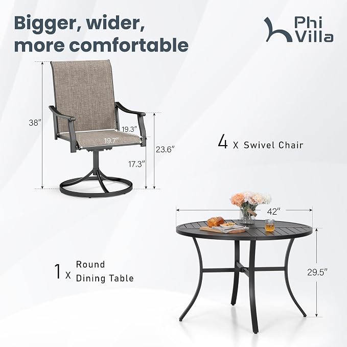 PHI VILLA 5 pcs Patio Dining Set, Outdoor Swivel Dining Chairs 4 and Round - Image 7