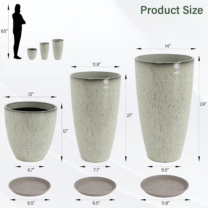 24/21/12 Inch Large Plastic Planter, Lightweight Ceramic-Look Tall Planters - Image 3