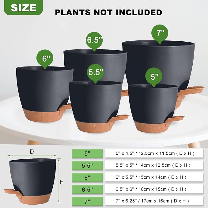 Plant Pots Pack of 5, 7/6.5/6/5.5/5 Inch Self Watering Planters - Image 4