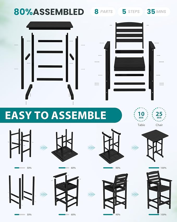SERWALL 5-Piece Adirondack Bar Chairs Set, HDPE Adirondack Barstools - Image 6