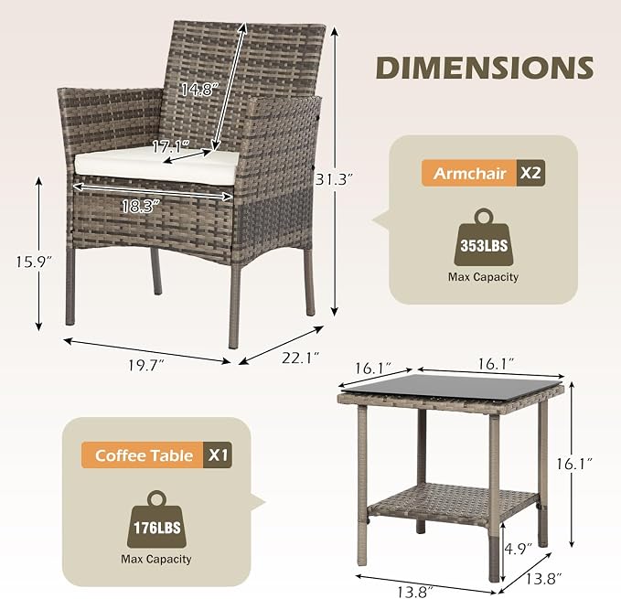 FDW 3 Piece Outdoor Furniture Set Patio Gray Wicker Chairs Furniture Bistro - Image 3
